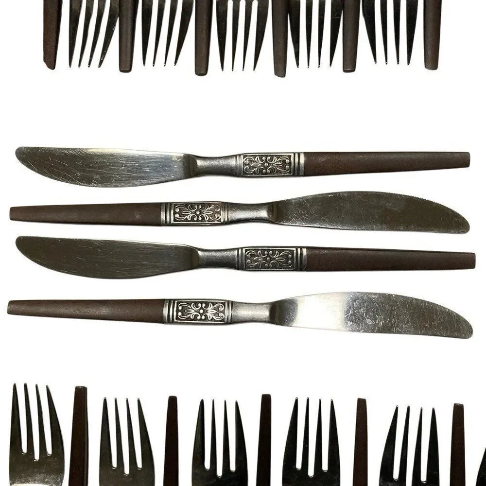 MCM INTERPUR Bar Harbor‎ Stainless Steel Faux Wood Scroll Japan Flatware 68 PCS